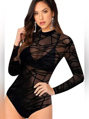 Sheer Mesh Lace Long Sleeve Stretchy Bodysuit  Size Large